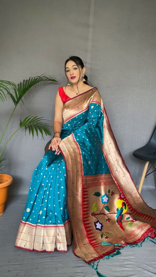 Teal Blue & Gold Polka Paithani Soft Silk Saree with Rich Woven Pallu & Tassels