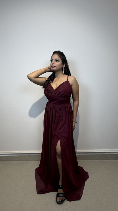 Wine Red Georgette Slit Party Wear Gown for Women