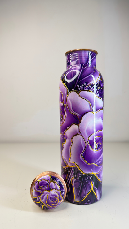 Hand-Painted Floral Copper Water Bottle – Vibrant Purple Rose Design with Gold Accents