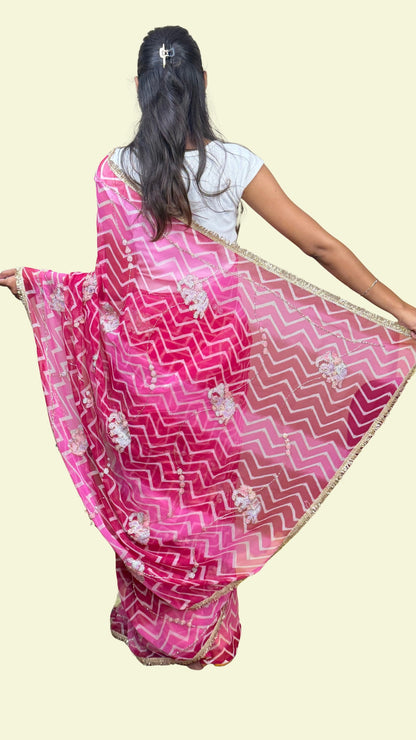 Hot Pink Printed Embellished Chiffon Saree