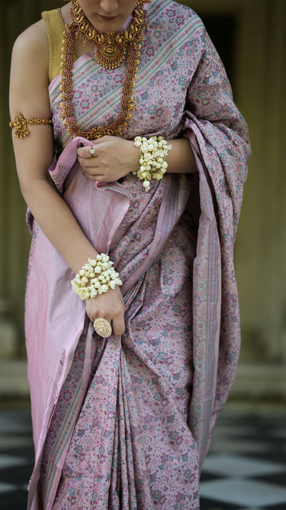 Pure Silk Handloom Dohri Tanchoi Zari Booti Saree – Lavender Grey