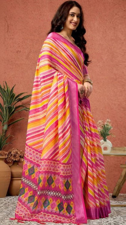Vibrant Linen Cotton Saree with Zari Border