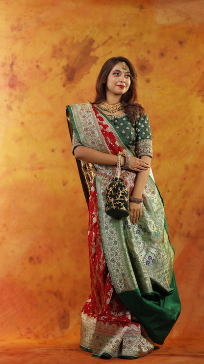 Red with Green Border Zari Work Handloom Katan Pure Silk Saree