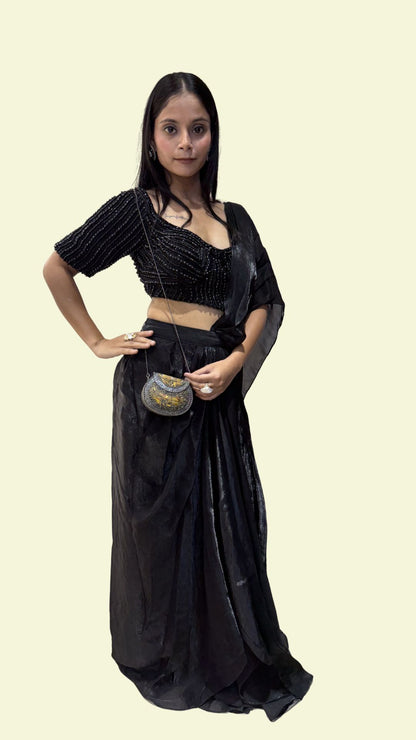 Black Designer Draped Saree with Embellished Blouse