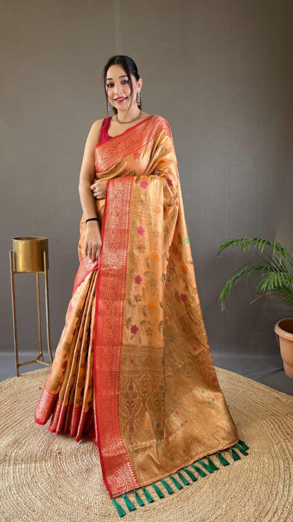 Gold Organza Tissue Silk Saree with Red Zari Border & Brocade Pallu