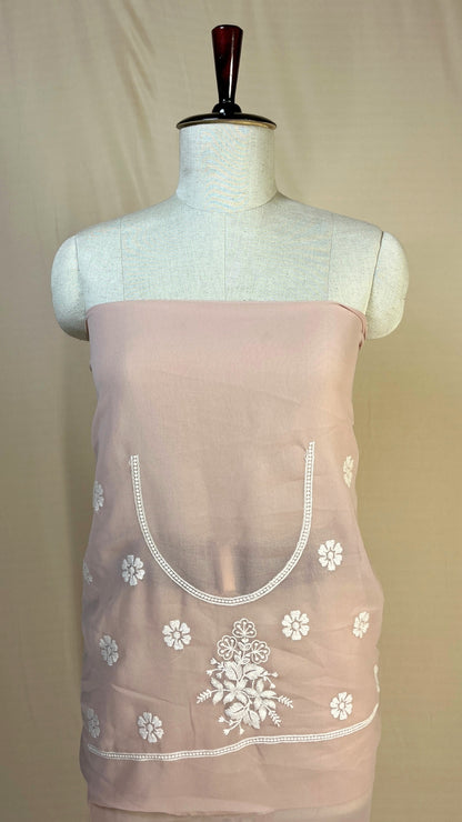 Elegant light pink chikankari Saree with White Floral Embroidery