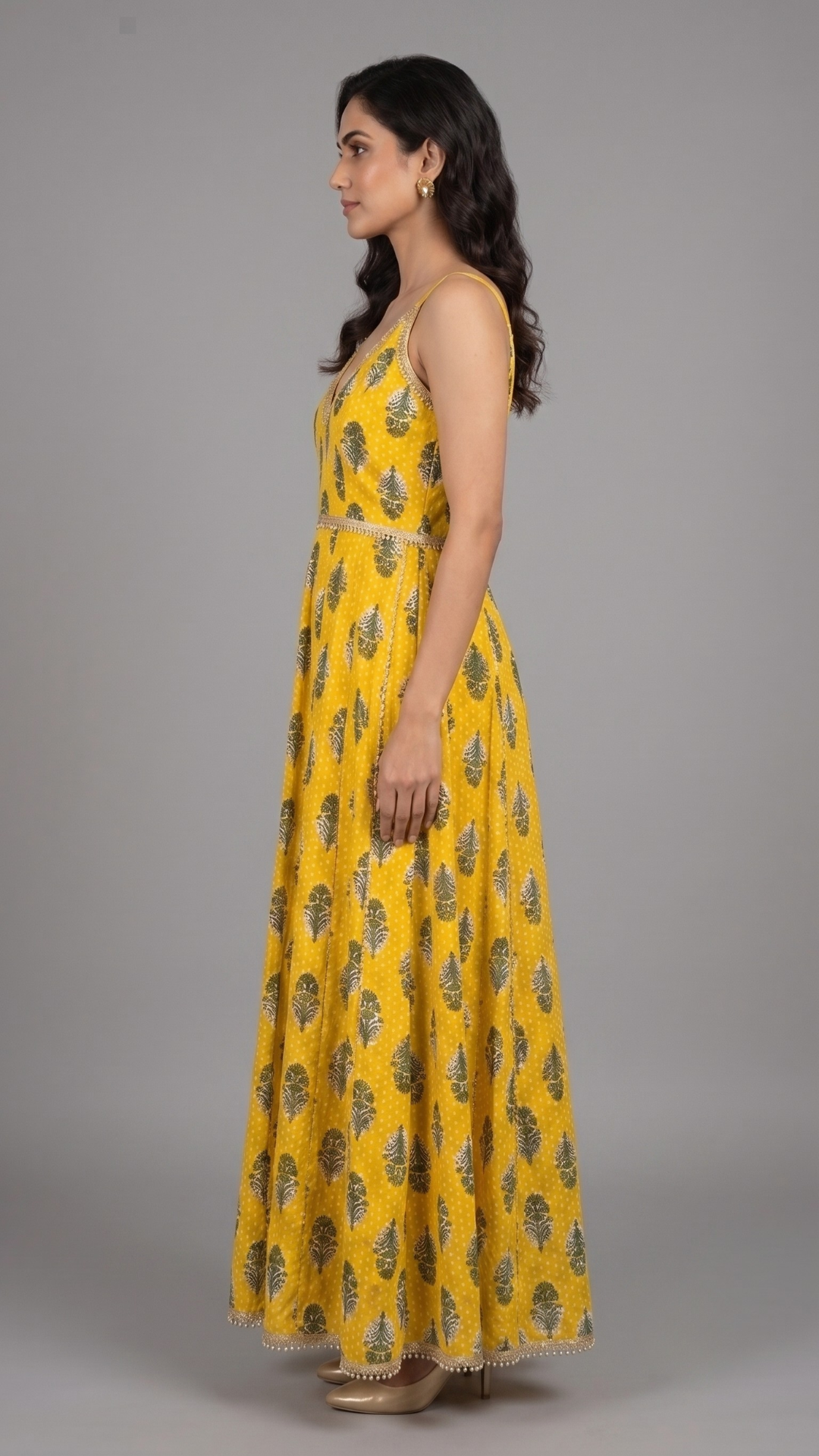 Banarashe Women’s Vibrant Yellow Botanical Print Flared Maxi Dress