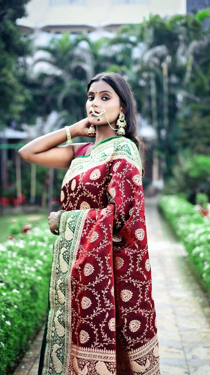 Maharani Wine Banarasi Saree with Emerald Green Woven Pallu