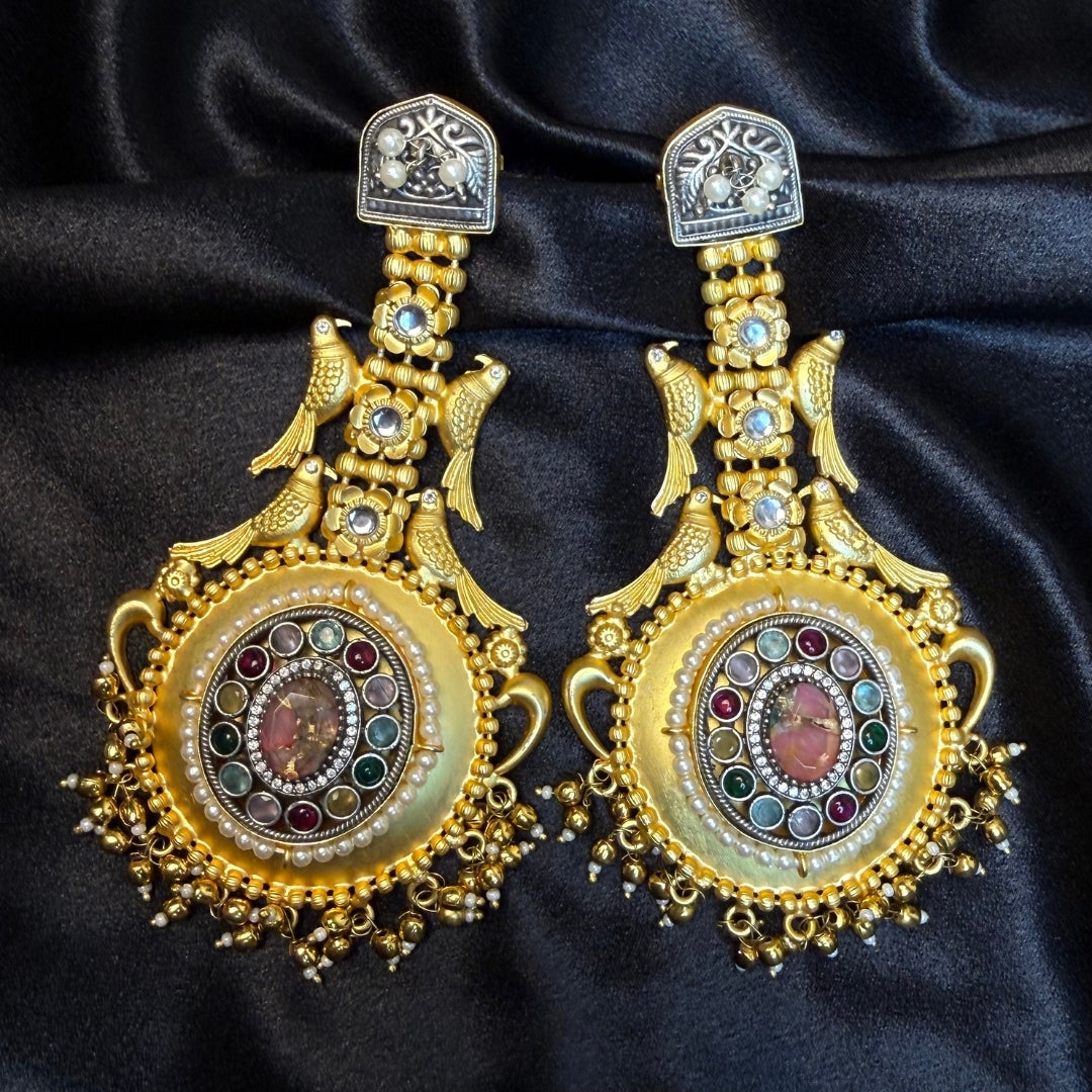 Antique Gold Bird Design Earrings for Women  Temple Jewellery Long Earrings kashmiri jhumka