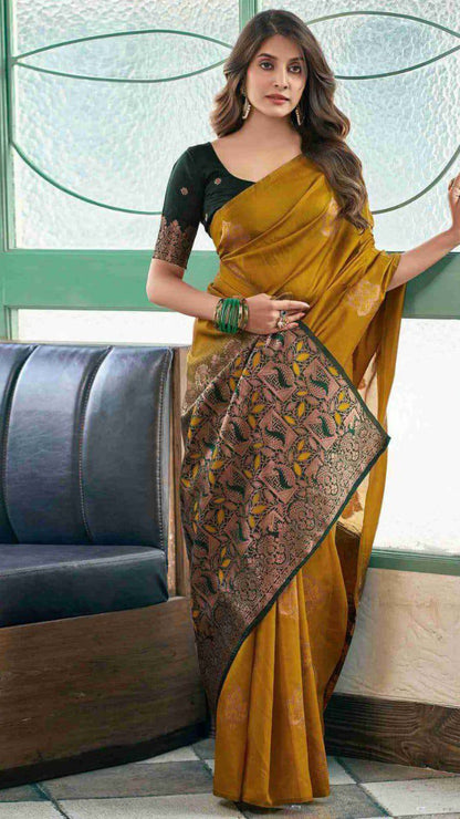 Mustard Yellow Soft Lichi Silk Saree with Rich Jacquard Pallu & Contrast Blouse