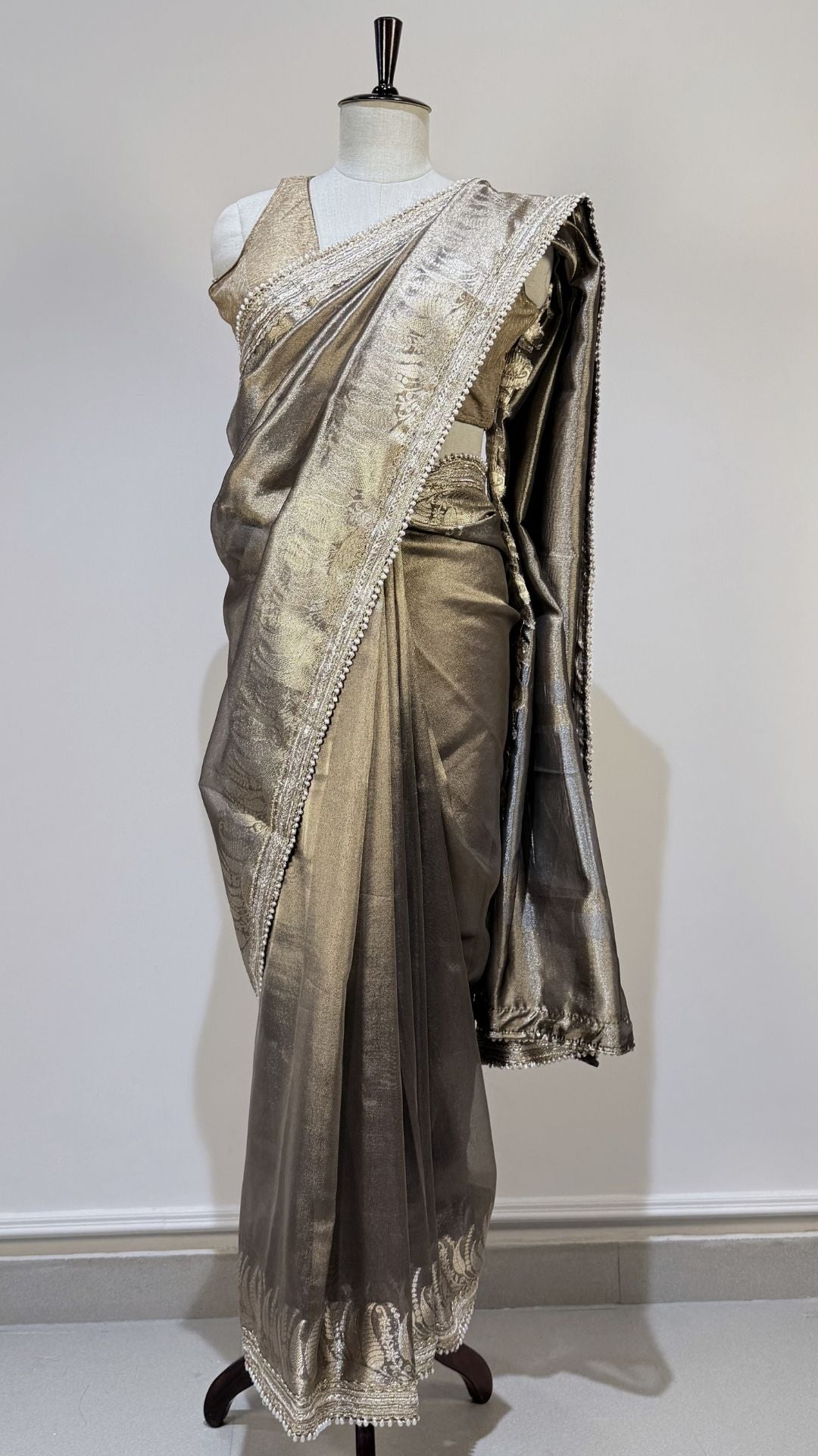 Deep Copper Brown Tissue Saree with Zari & Moti Lace Border