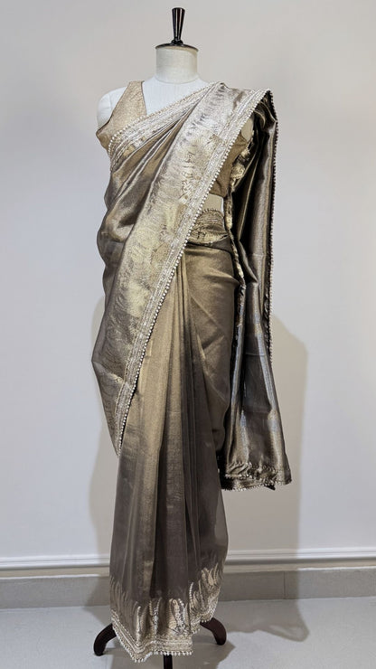 Deep Copper Brown Tissue Saree with Zari & Moti Lace Border