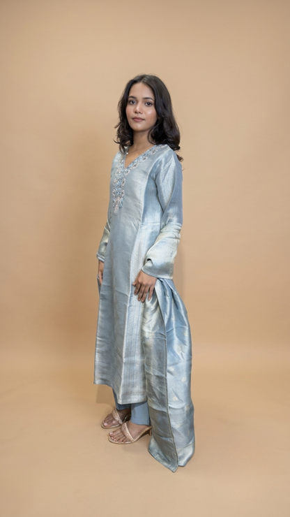 Premium Ice Blue Shimmer Embroidered Straight Kurta With Pant & Dupatta Set