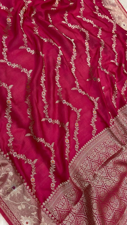 Rani Pink Semi Chiffon Banarasi Saree with Meenakari Zari Border