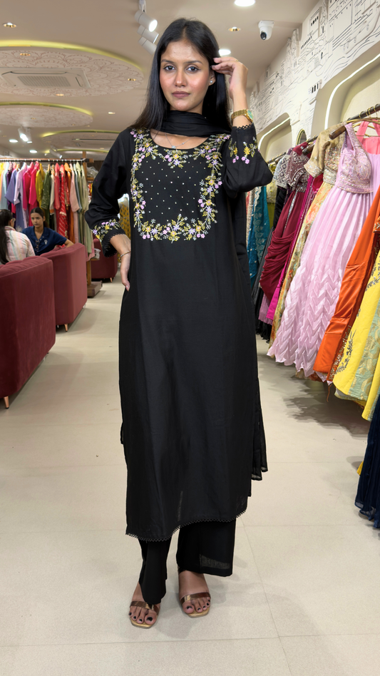 Banarashe Women’s Jet Black Floral Embroidered Suit Set with Matching Dupatta