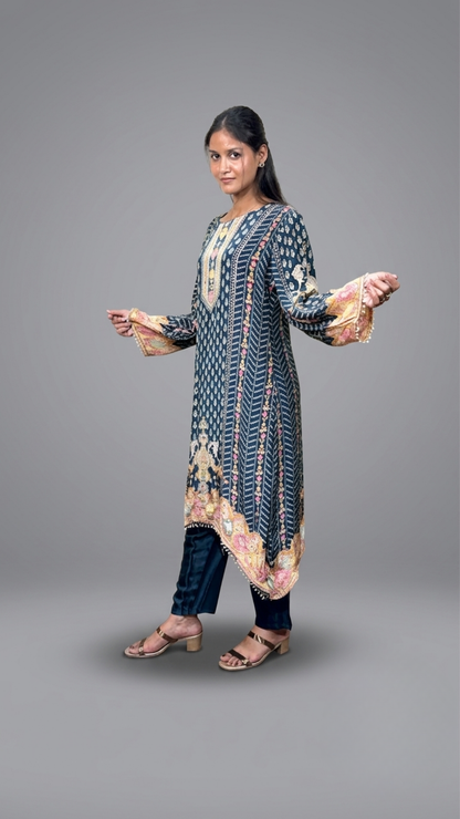 Navy Blue Embroidered High-Low Kurta Set with Tassel Detailing by BanaraShe