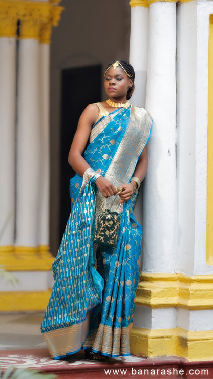 Light Blue Katan Silk Banarasi Saree with Silver Zari