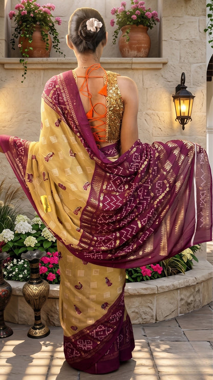 Banarashe Mustard Yellow & Wine Bandhani Saree with Printed Border