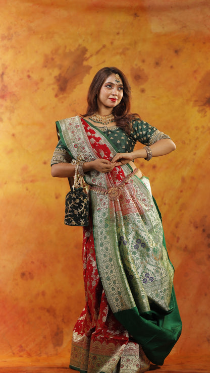 Red with Green Border Zari Work Handloom Katan Pure Silk Saree