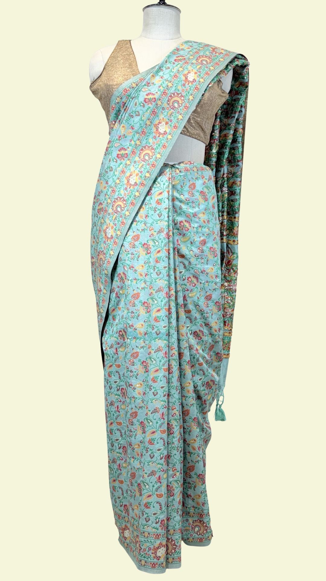 Mint Green Cotton Saree with Floral Meenakari Weaving