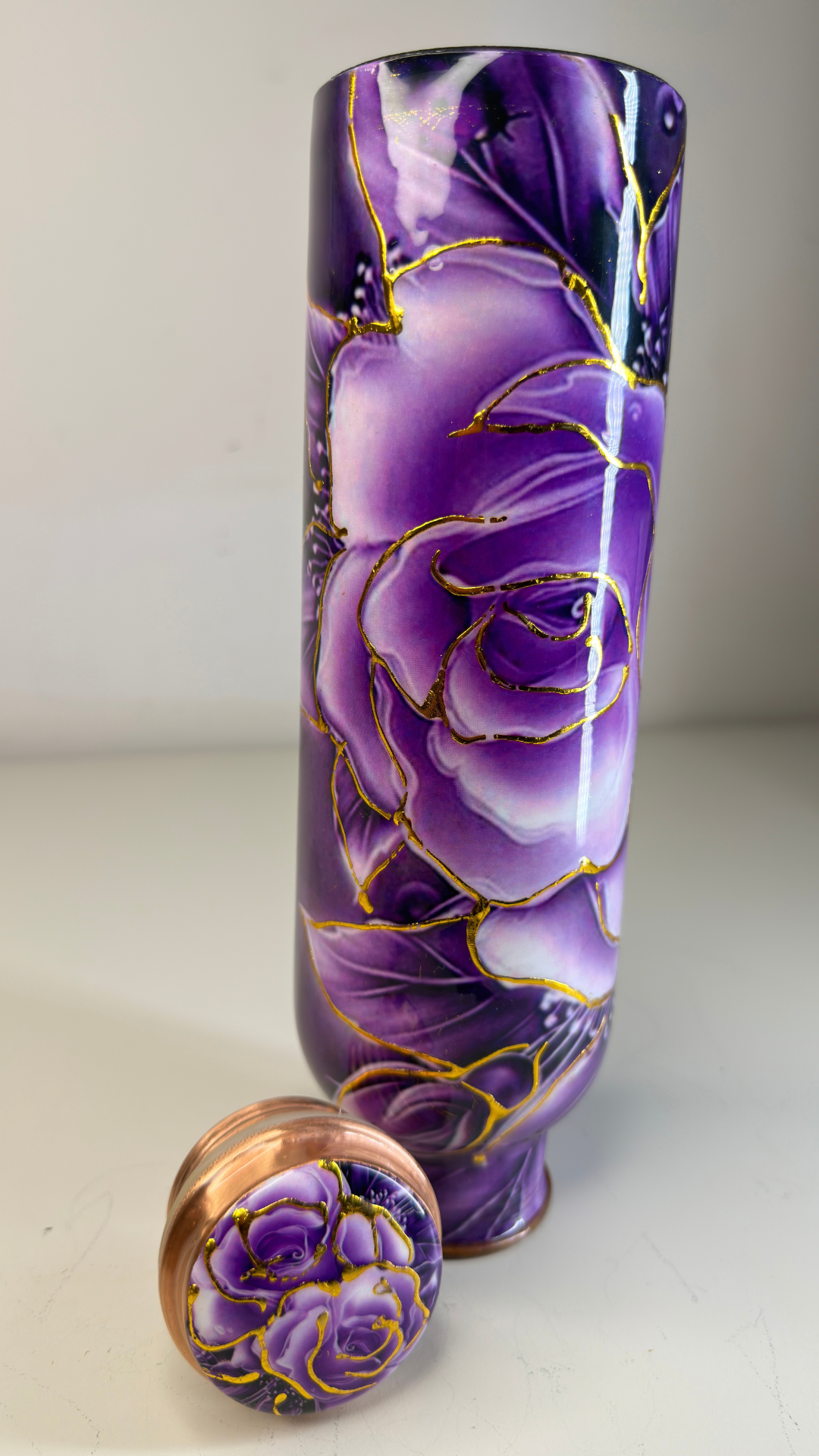 Hand-Painted Floral Copper Water Bottle – Vibrant Purple Rose Design with Gold Accents