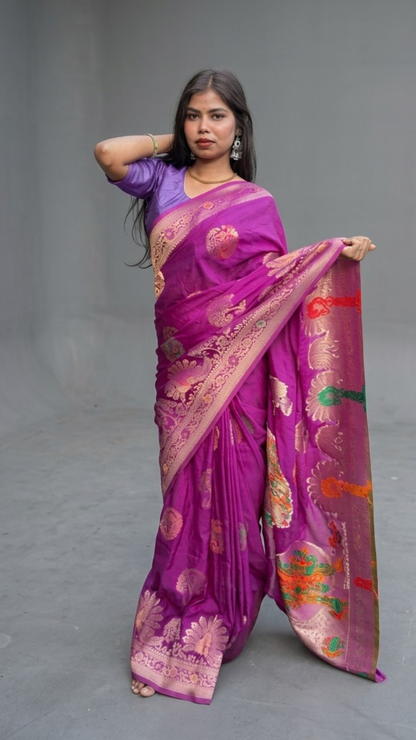 Banarashe Royal Purple Floral Zari Saree