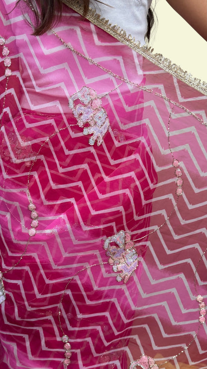 Hot Pink Printed Embellished Chiffon Saree