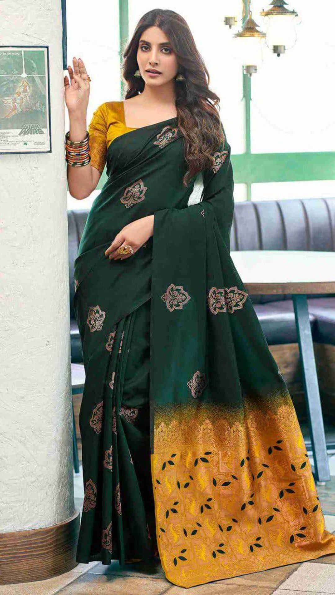 Bottle Green Soft Lichi Silk Saree with Rich Golden Jacquard Pallu & Contrast Blouse