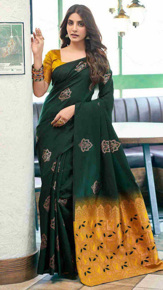 Bottle Green Soft Lichi Silk Saree with Rich Golden Jacquard Pallu & Contrast Blouse