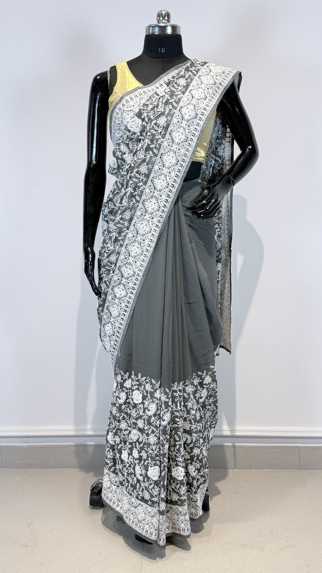 Grey Semi Chikankari Embroidered Saree for Women