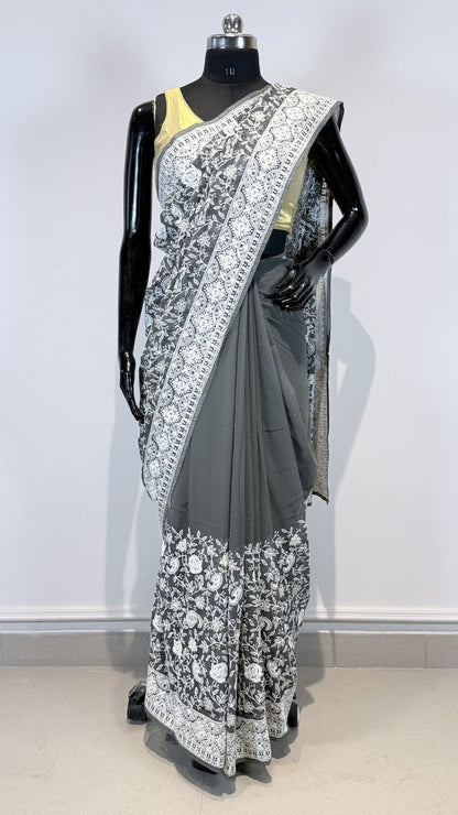 Grey Semi Chikankari Embroidered Saree for Women
