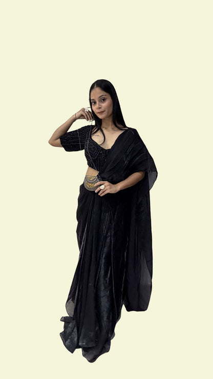 Black Designer Draped Saree with Embellished Blouse