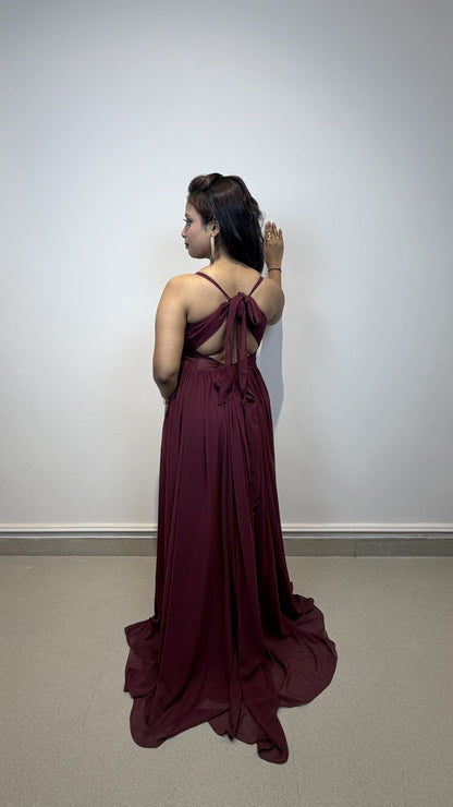 Wine Red Georgette Slit Party Wear Gown for Women
