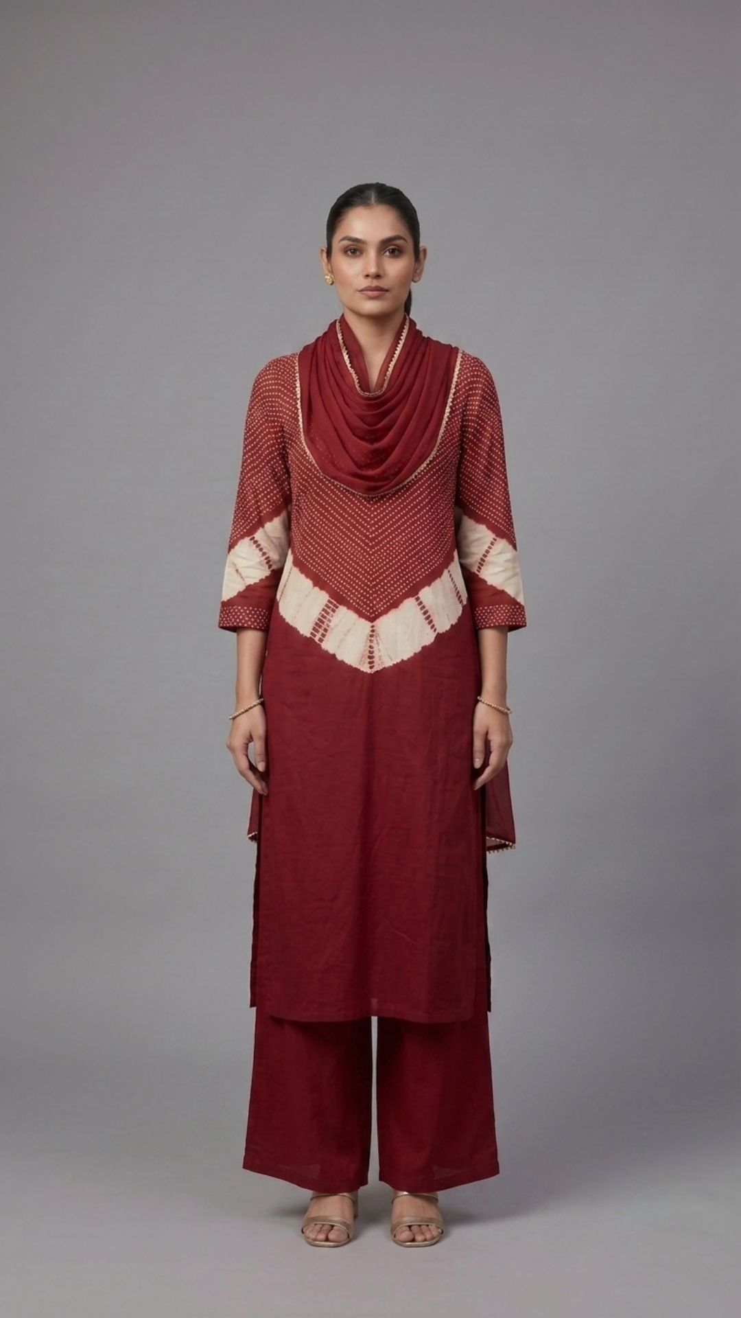 Banarashe Women’s Maroon Printed Straight Kurta with Wide-Leg Palazzo & Matching Draped Dupatta Set