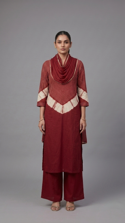 Banarashe Women’s Maroon Printed Straight Kurta with Wide-Leg Palazzo & Matching Draped Dupatta Set