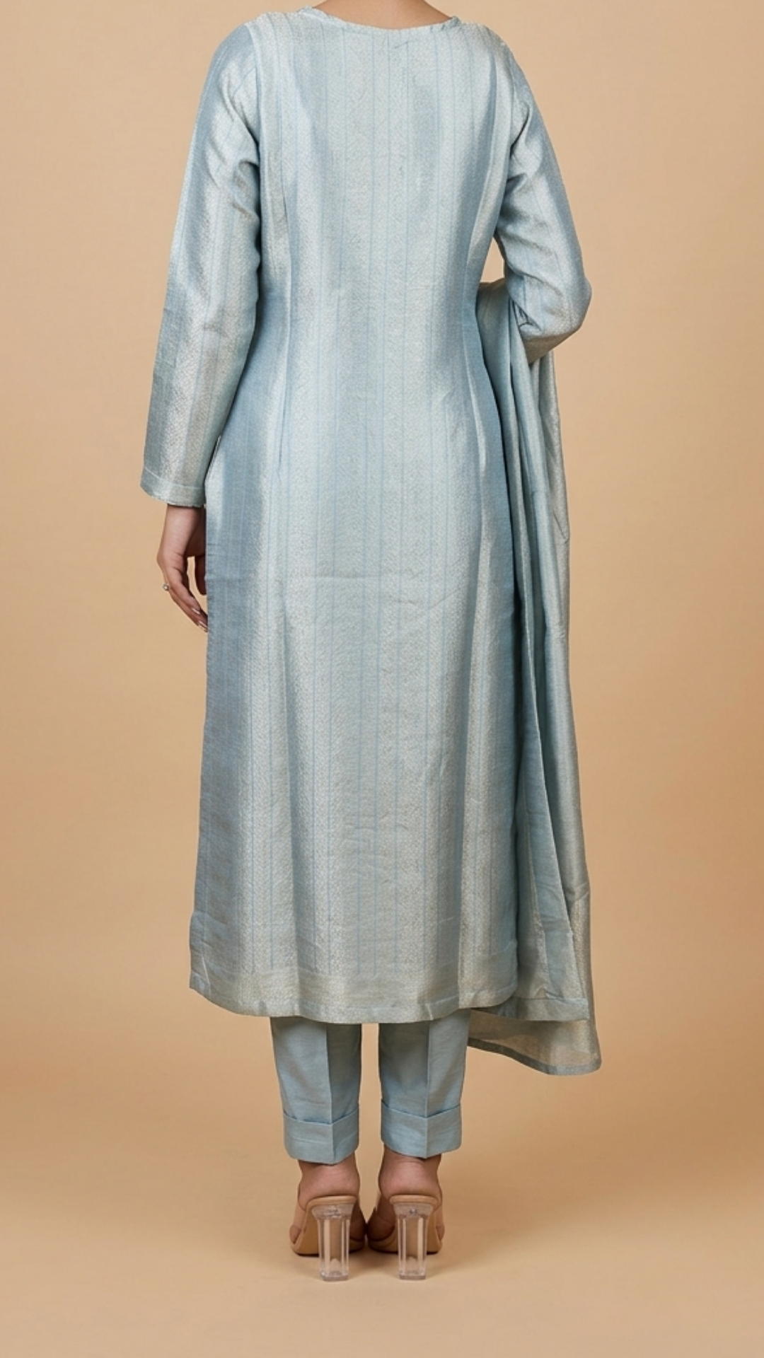 Premium Ice Blue Shimmer Embroidered Straight Kurta With Pant & Dupatta Set