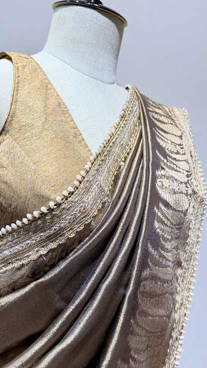 Deep Copper Brown Tissue Saree with Zari & Moti Lace Border
