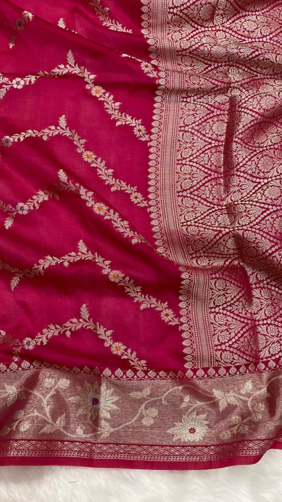 Rani Pink Semi Chiffon Banarasi Saree with Meenakari Zari Border