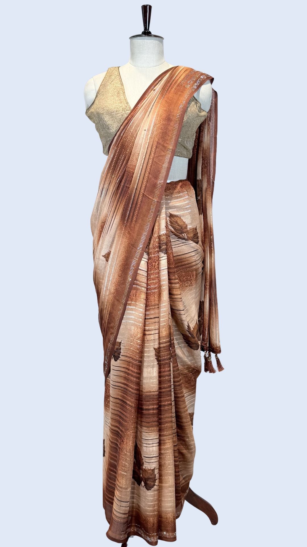 Rust Orange Printed Synthetic Saree with Leaf Print