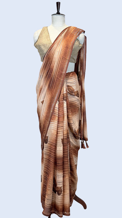 Rust Orange Printed Synthetic Saree with Leaf Print