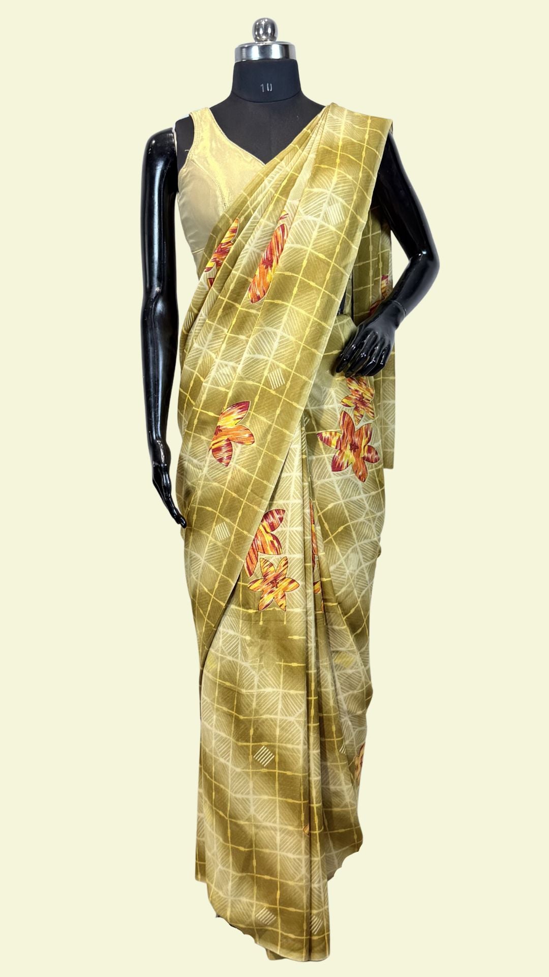 Mustard Yellow Geometric Floral Print Synthetic Saree