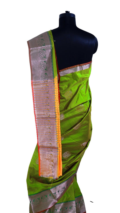 Green with Silver Border Contrast Banarasi Silk Saree