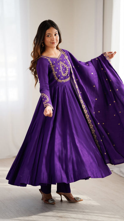 Purple Chanderi Silk Anarkali Suit with Dupatta for Women