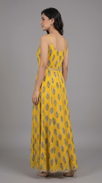 Banarashe Women’s Vibrant Yellow Botanical Print Flared Maxi Dress