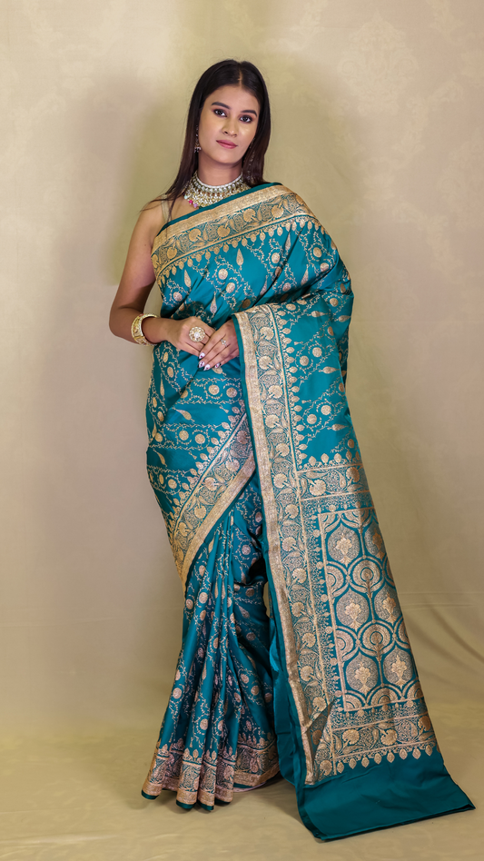 Peacock Teal Banarasi Silk Saree with Antique Zari Weave