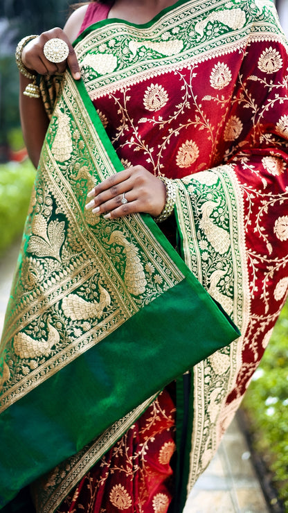 Maharani Wine Banarasi Saree with Emerald Green Woven Pallu