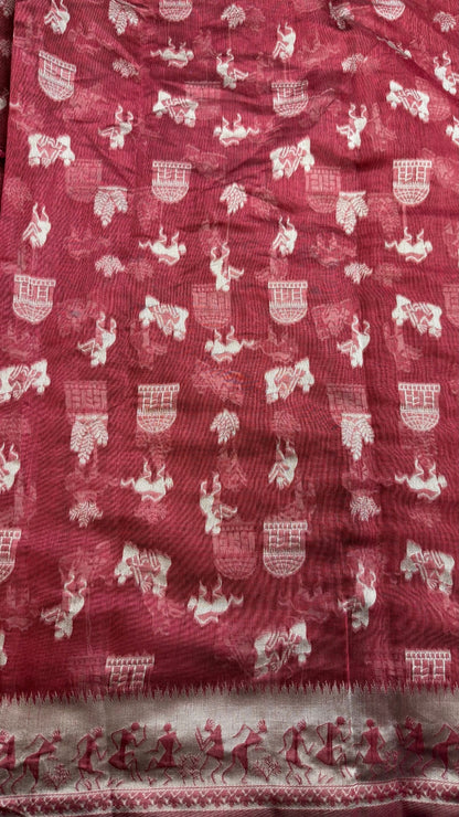 Banarashe Pure Cotton Banarasi Saree in Deep Red with Folk Motifs