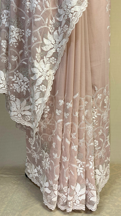 Elegant light pink chikankari Saree with White Floral Embroidery