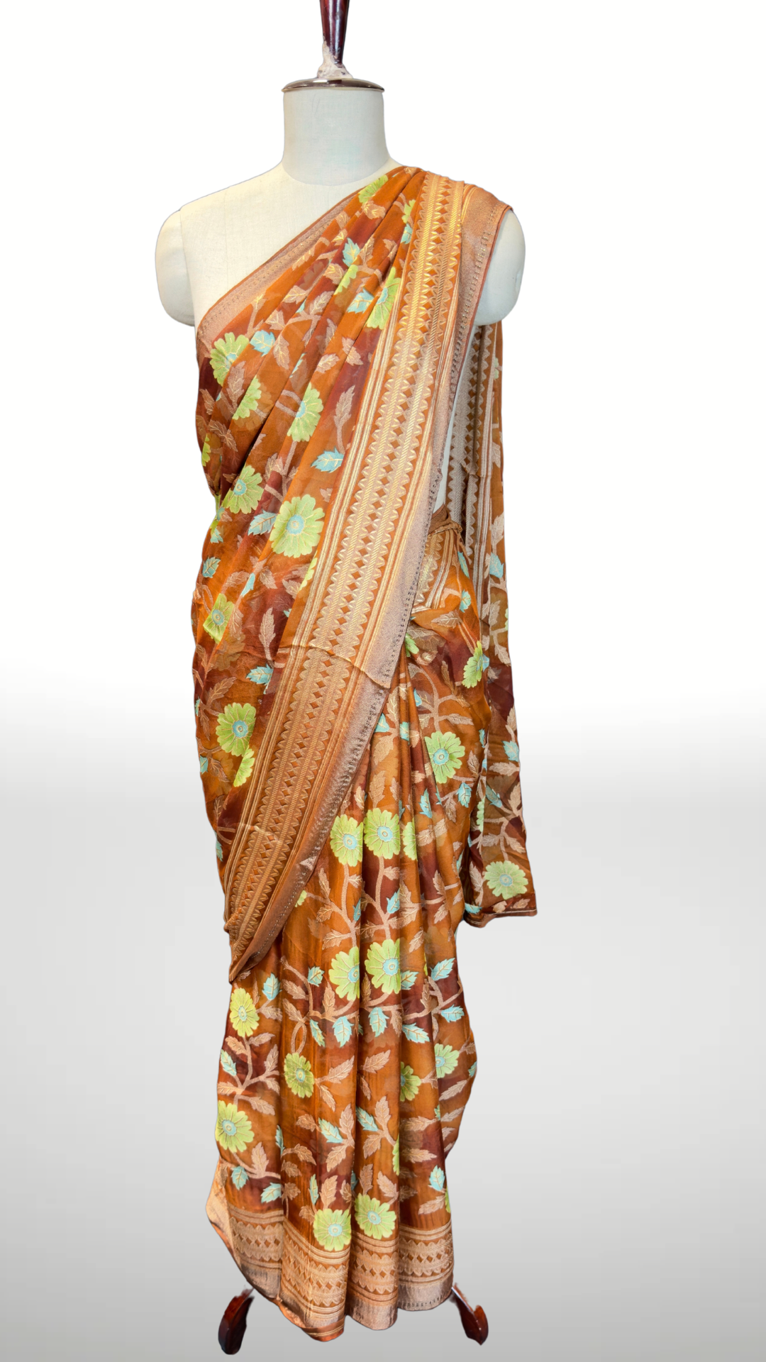 BanaraShe Rust Orange Floral Printed Saree with Multicolour Flowers & Designer Woven Border