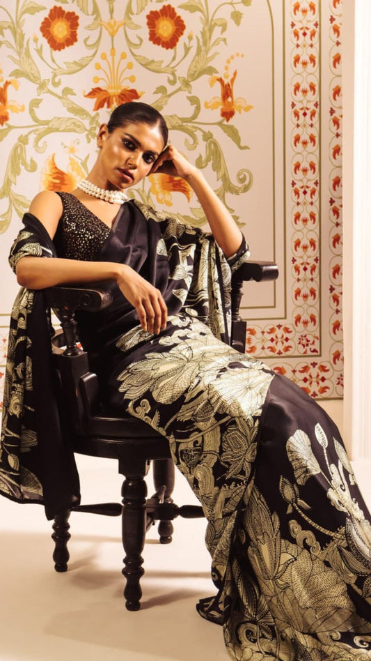 Black Digital Print Original Japan Satin Saree